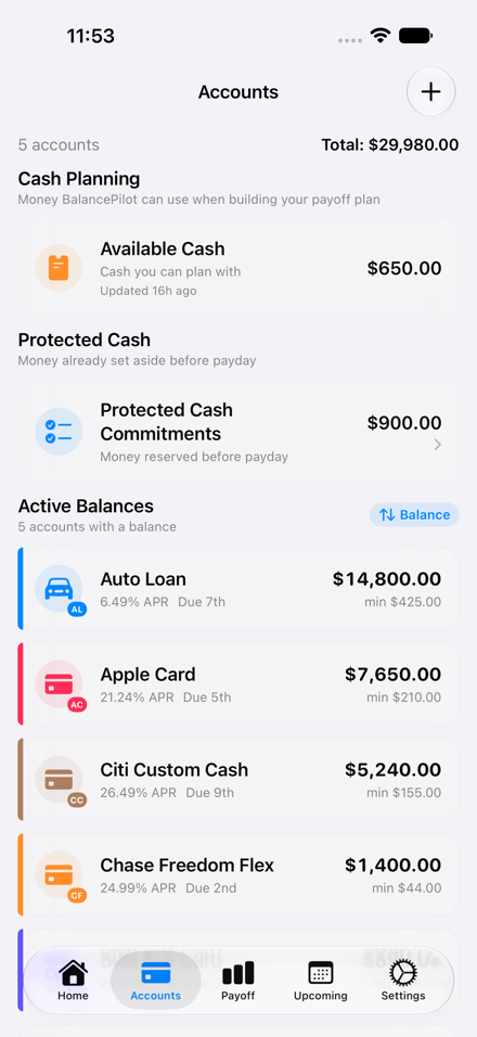 BalancePilot accounts screen showing balances, APRs, and due dates