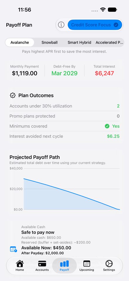 BalancePilot payoff plan screen showing debt-free date, strategy comparison, and projected timeline
