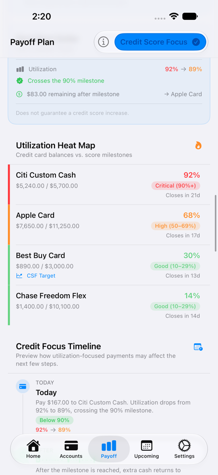 BalancePilot credit score focus screen showing utilization heat map and milestone targets