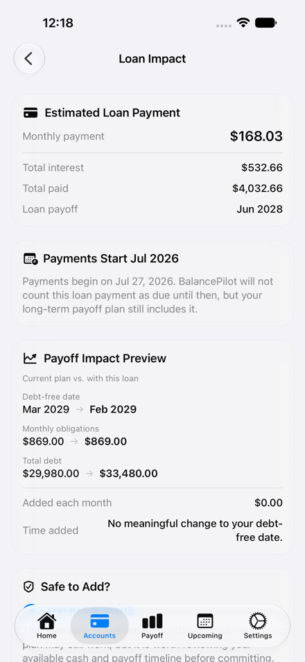 BalancePilot loan impact preview screen showing monthly payment, timeline, and total interest