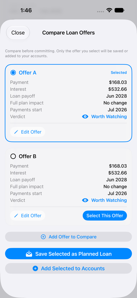 BalancePilot compare loan offers screen showing side-by-side loan comparison