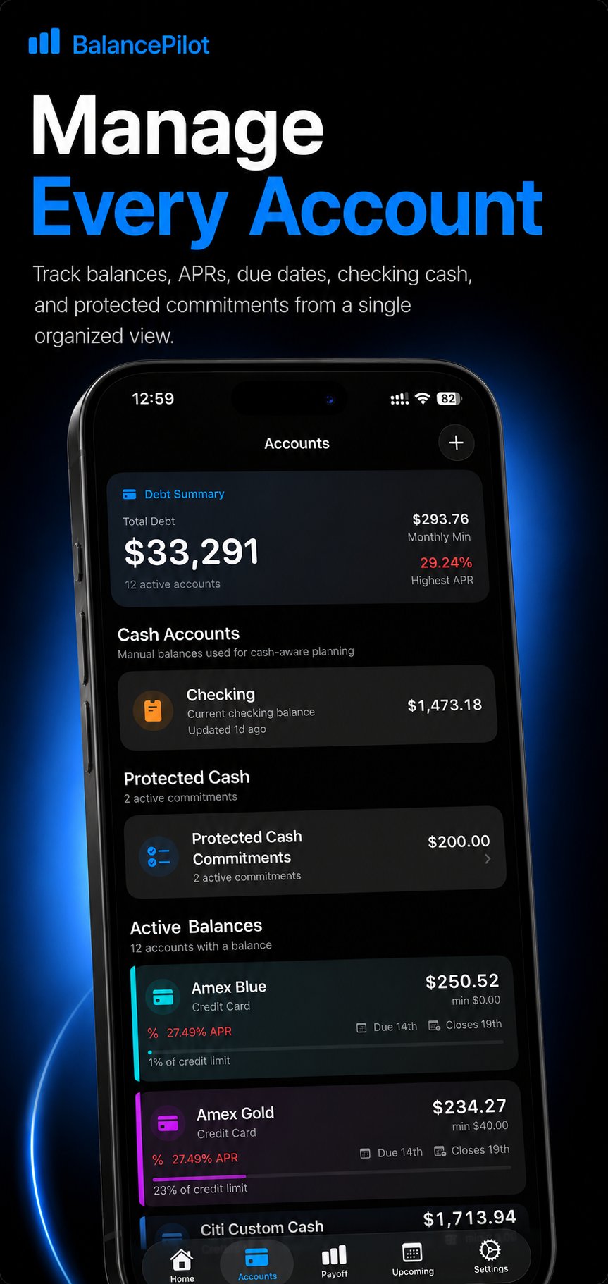 BalancePilot Accounts screen showing debt summary, checking balance, protected cash, and active balances