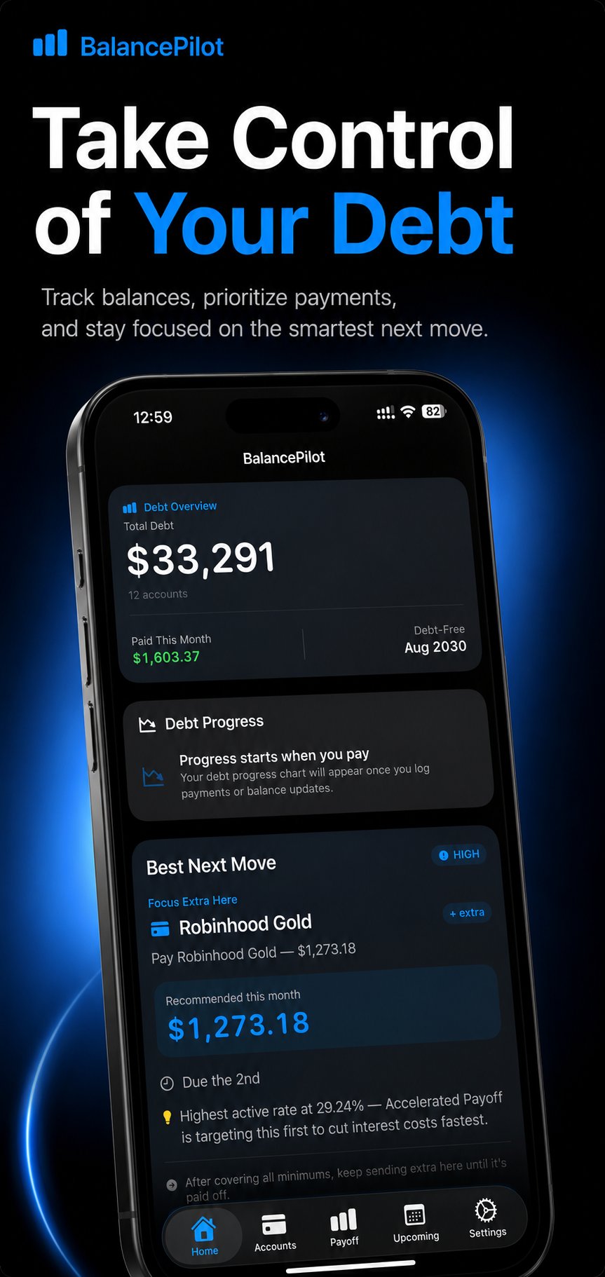 BalancePilot home dashboard showing debt overview and best next move
