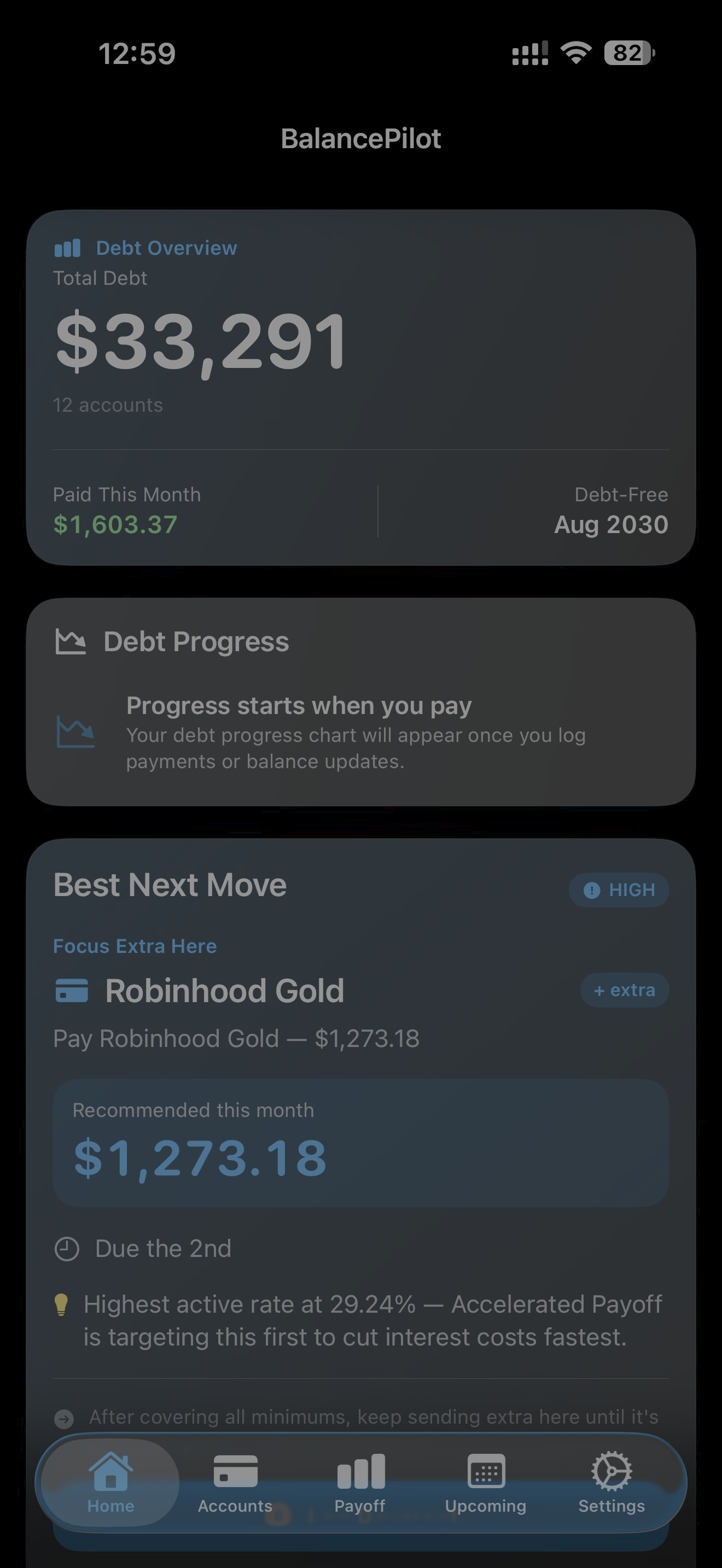 BalancePilot dashboard showing debt overview, paid this month, debt-free date, debt progress, and best next move