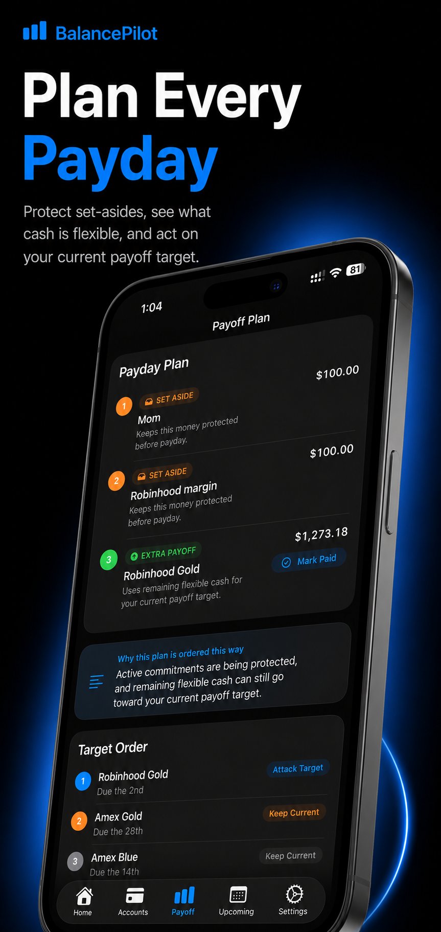 BalancePilot payday plan screen showing set-asides and payoff targets
