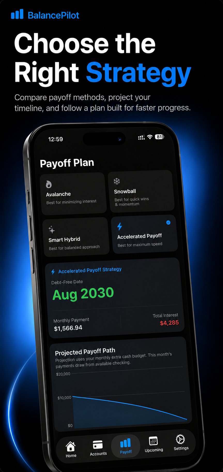 BalancePilot payoff plan screen showing strategy selection