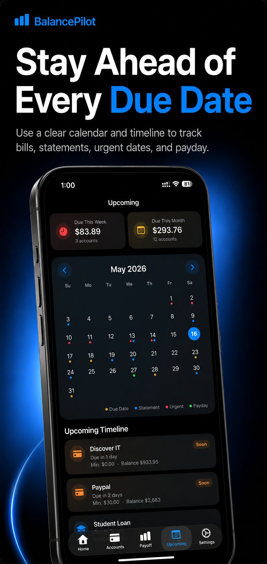 BalancePilot upcoming screen with calendar and due date timeline